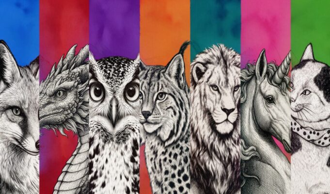 Ilustração em sete colunas verticais com os aplicativos do ArtCraft representados por animais desenhados em traço de gravura preto e branco sobre fundos coloridos: raposa, dragão, coruja, lince, leão, unicórnio e gato.