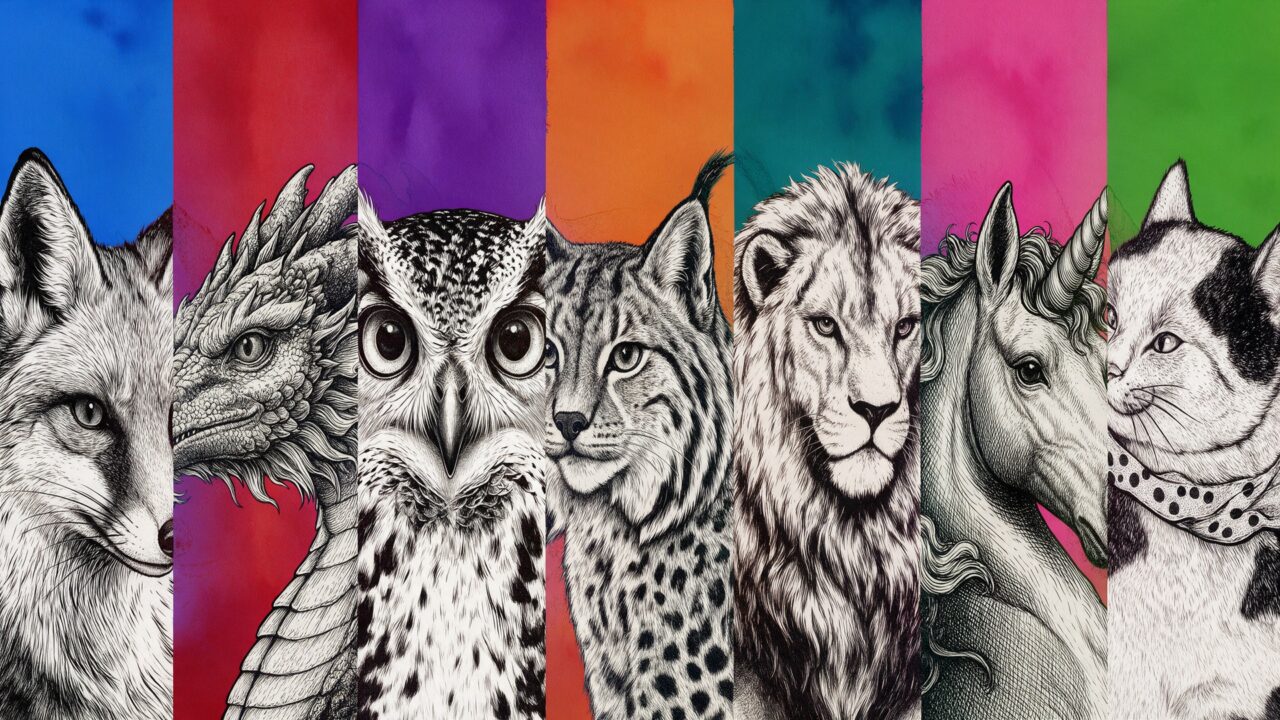 Ilustração em sete colunas verticais com os aplicativos do ArtCraft representados por animais desenhados em traço de gravura preto e branco sobre fundos coloridos: raposa, dragão, coruja, lince, leão, unicórnio e gato.