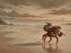 CapCraft não existe: usuários pedem clone do CapCut ao ArtCraft Ilustração de um caranguejo caminhando pela praia com uma trouxa de roupas sobre as costas, deixando pegadas na areia, com um farol ao fundo.