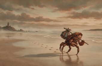 CapCraft não existe: usuários pedem clone do CapCut ao ArtCraft Ilustração de um caranguejo caminhando pela praia com uma trouxa de roupas sobre as costas, deixando pegadas na areia, com um farol ao fundo.