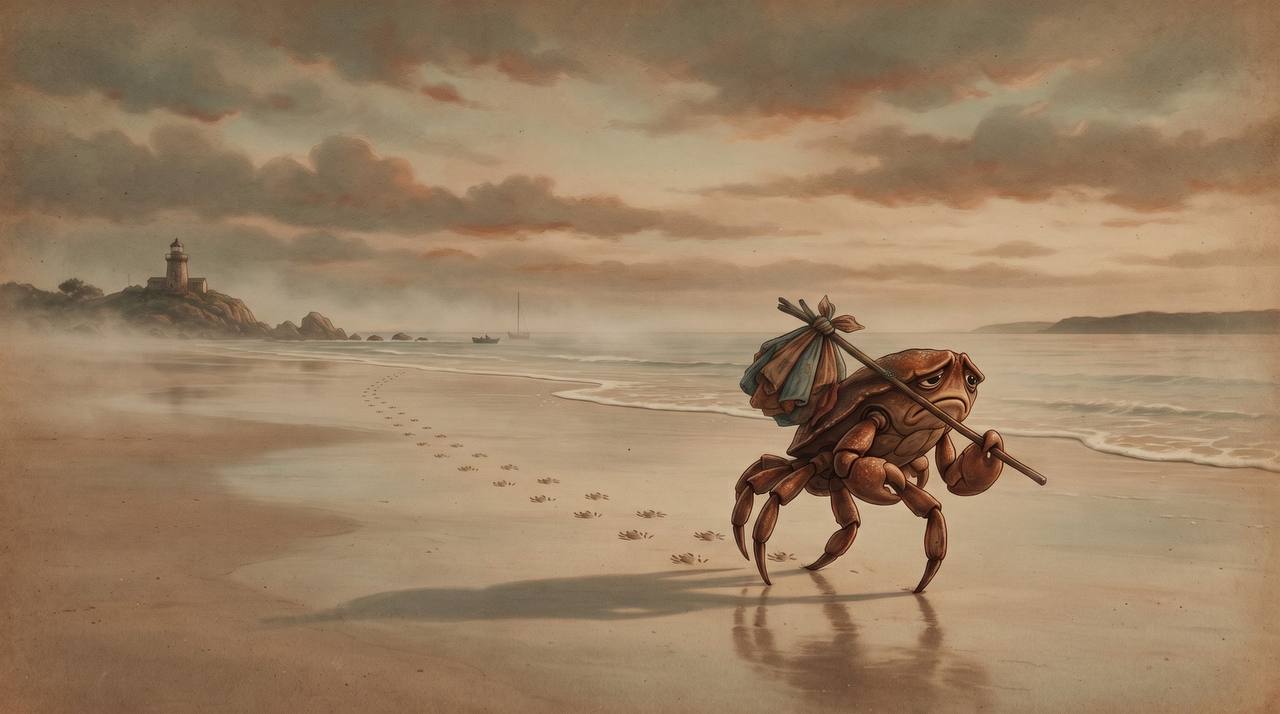 Ilustração de um caranguejo caminhando pela praia com uma trouxa de roupas sobre as costas, deixando pegadas na areia, com um farol ao fundo.