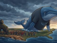 Ilustração de baleia azul triste com desenho de baleia na camiseta diante de uma multidão zangada.