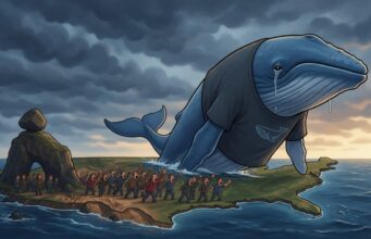 DeepSeek: veto dos EUA atinge serviços usados por órgãos civis Ilustração de baleia azul triste com desenho de baleia na camiseta diante de uma multidão zangada.