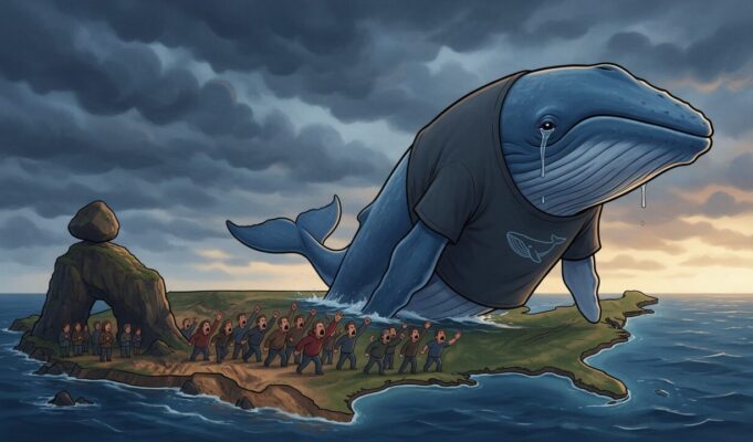 DeepSeek: veto dos EUA atinge serviços usados por órgãos civis Ilustração de baleia azul triste com desenho de baleia na camiseta diante de uma multidão zangada.