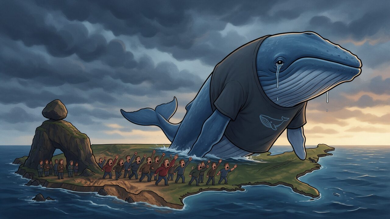 Ilustração de baleia azul triste com desenho de baleia na camiseta diante de uma multidão zangada.