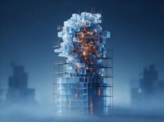 Ilustração abstrata de uma torre de blocos translúcidos, com base geométrica organizada e andares superiores desalinhados atravessados por rachaduras de luz laranja