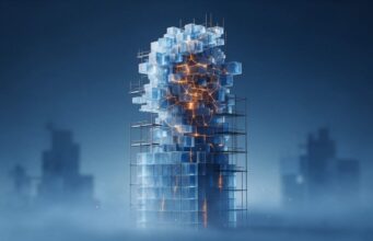 Dívida técnica: o problema que a IA cria no futuro da empresa Ilustração abstrata de uma torre de blocos translúcidos, com base geométrica organizada e andares superiores desalinhados atravessados por rachaduras de luz laranja