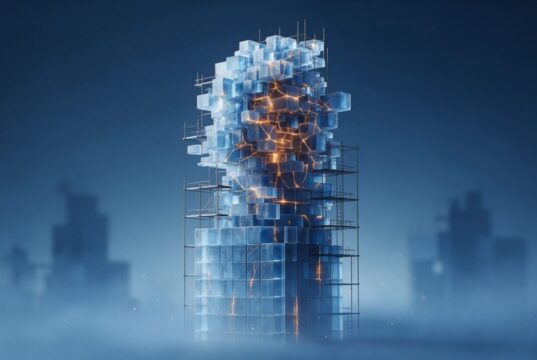 Dívida técnica: o problema que a IA cria no futuro da empresa Ilustração abstrata de uma torre de blocos translúcidos, com base geométrica organizada e andares superiores desalinhados atravessados por rachaduras de luz laranja