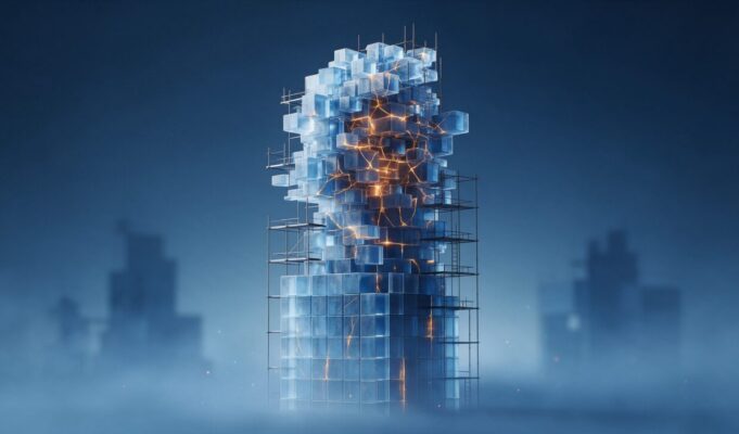 Dívida técnica: o problema que a IA cria no futuro da empresa Ilustração abstrata de uma torre de blocos translúcidos, com base geométrica organizada e andares superiores desalinhados atravessados por rachaduras de luz laranja