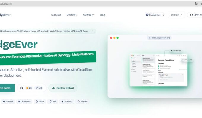Edgeever: alternativa open source ao Evernote com IA nativa Página inicial do EdgeEver com a chamada de alternativa open source ao Evernote, botões de demo ao vivo, GitHub e deploy com IA, plataformas suportadas e um print da interface do aplicativo à direita
