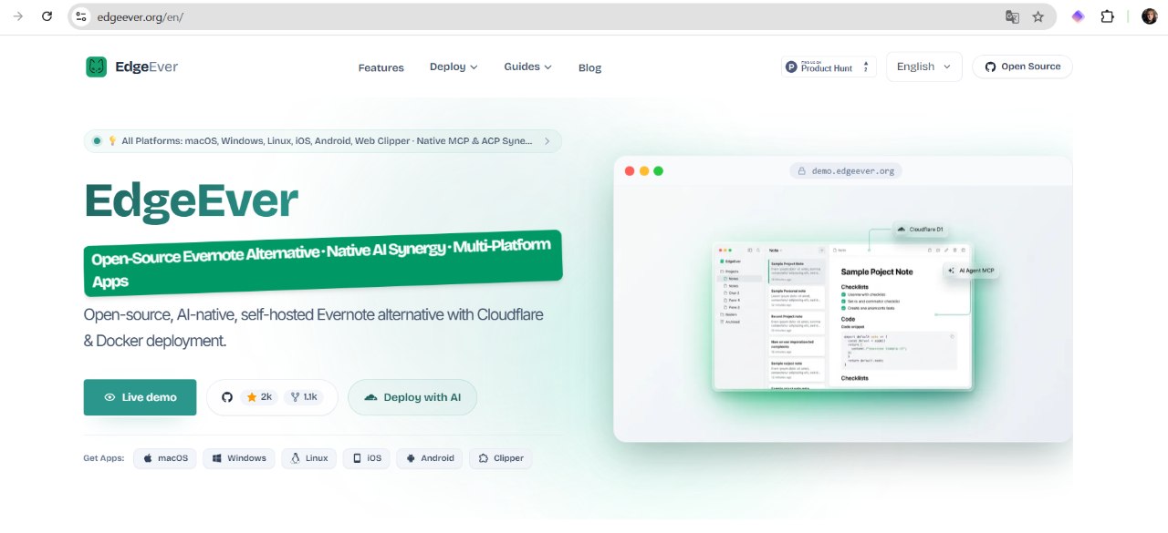 Página inicial do EdgeEver com a chamada de alternativa open source ao Evernote, botões de demo ao vivo, GitHub e deploy com IA, plataformas suportadas e um print da interface do aplicativo à direita