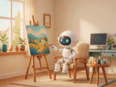 GPT-6.1 Terra chega ao ChatGPT Work, Codex e API Robô branco pintando uma tela num cavalete dentro de uma sala de casa, com tintas e um painel de tela ao lado
