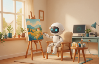 GPT-6.1 Terra chega ao ChatGPT Work, Codex e API Robô branco pintando uma tela num cavalete dentro de uma sala de casa, com tintas e um painel de tela ao lado