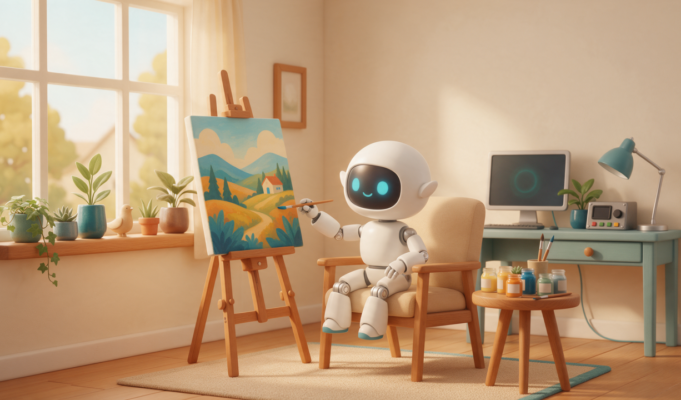 Robô branco pintando uma tela num cavalete dentro de uma sala de casa, com tintas e um painel de tela ao lado