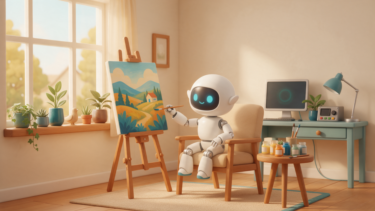 Robô branco pintando uma tela num cavalete dentro de uma sala de casa, com tintas e um painel de tela ao lado