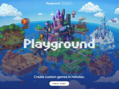 Arte promocional do Playground com ilhas flutuantes em pixel art, cidade neon, vila, ruínas no deserto e castelo de gelo