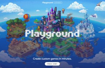 Arte promocional do Playground com ilhas flutuantes em pixel art, cidade neon, vila, ruínas no deserto e castelo de gelo