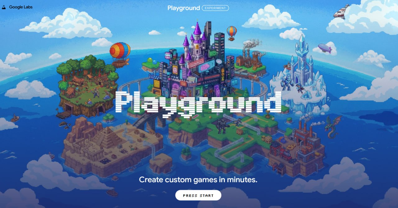 Arte promocional do Playground com ilhas flutuantes em pixel art, cidade neon, vila, ruínas no deserto e castelo de gelo