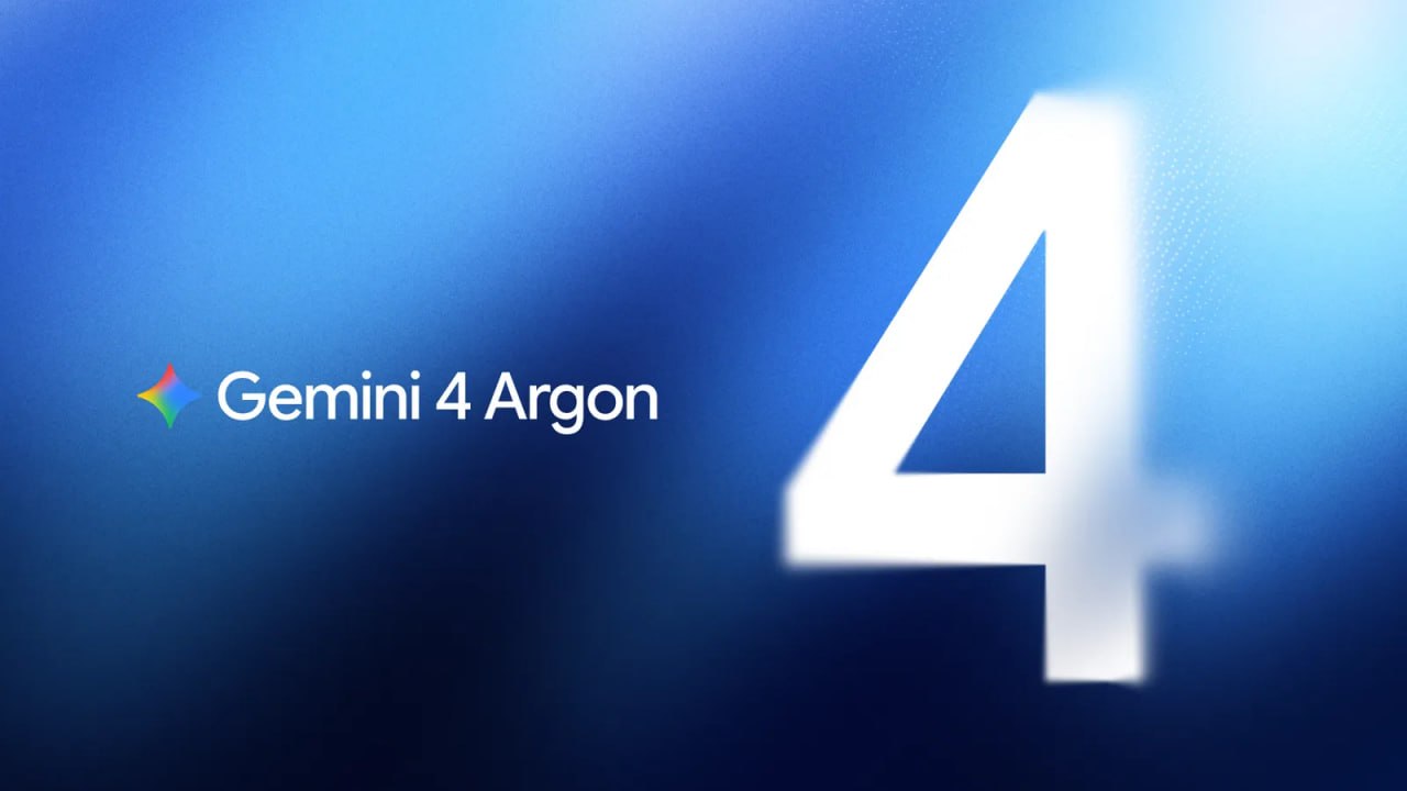 Peça de divulgação com o nome Gemini 4 Argon e o numeral 4 em branco sobre fundo azul