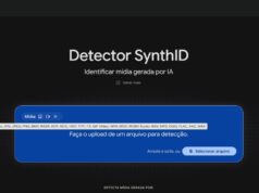 Página do Detector SynthID com a área de upload e a lista de formatos aceitos para imagem, vídeo e áudio
