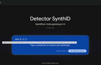 Página do Detector SynthID com a área de upload e a lista de formatos aceitos para imagem, vídeo e áudio