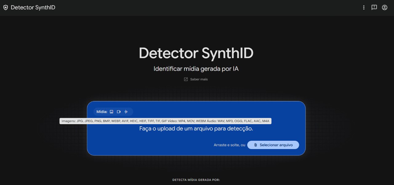 Página do Detector SynthID com a área de upload e a lista de formatos aceitos para imagem, vídeo e áudio