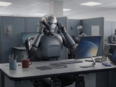 Robô sentado em cubículo com telefone em cada orelha e café, notebook, tablet e celular sobre a mesa