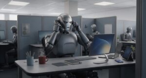 Robô sentado em cubículo com telefone em cada orelha e café, notebook, tablet e celular sobre a mesa