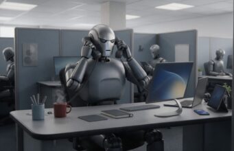 Robô sentado em cubículo com telefone em cada orelha e café, notebook, tablet e celular sobre a mesa