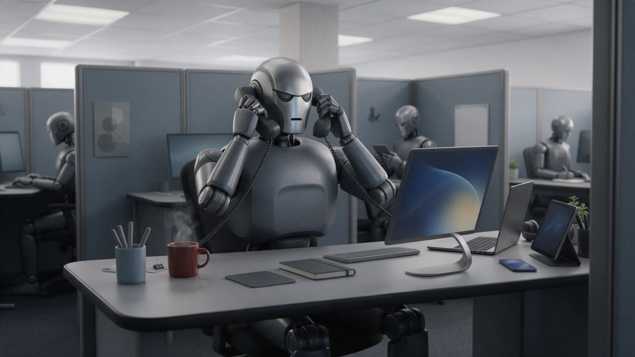 Robô sentado em cubículo de escritório com telefone em cada orelha, café, notebook, tablet e celular sobre a mesa