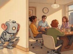 Meetily: transcrição de reunião roda local e é open source Ilustração cômica de uma reunião com cinco pessoas à mesa enquanto um robô, atrás da parede, escuta com a orelha encostada e anota em um bloco de papel