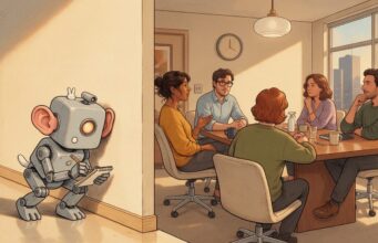 Ilustração cômica de uma reunião com cinco pessoas à mesa enquanto um robô, atrás da parede, escuta com a orelha encostada e anota em um bloco de papel