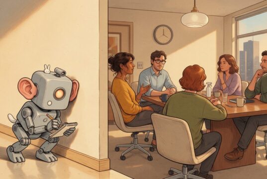 Meetily: transcrição de reunião roda local e é open source Ilustração cômica de uma reunião com cinco pessoas à mesa enquanto um robô, atrás da parede, escuta com a orelha encostada e anota em um bloco de papel