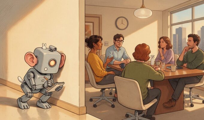 Ilustração cômica de uma reunião com cinco pessoas à mesa enquanto um robô, atrás da parede, escuta com a orelha encostada e anota em um bloco de papel