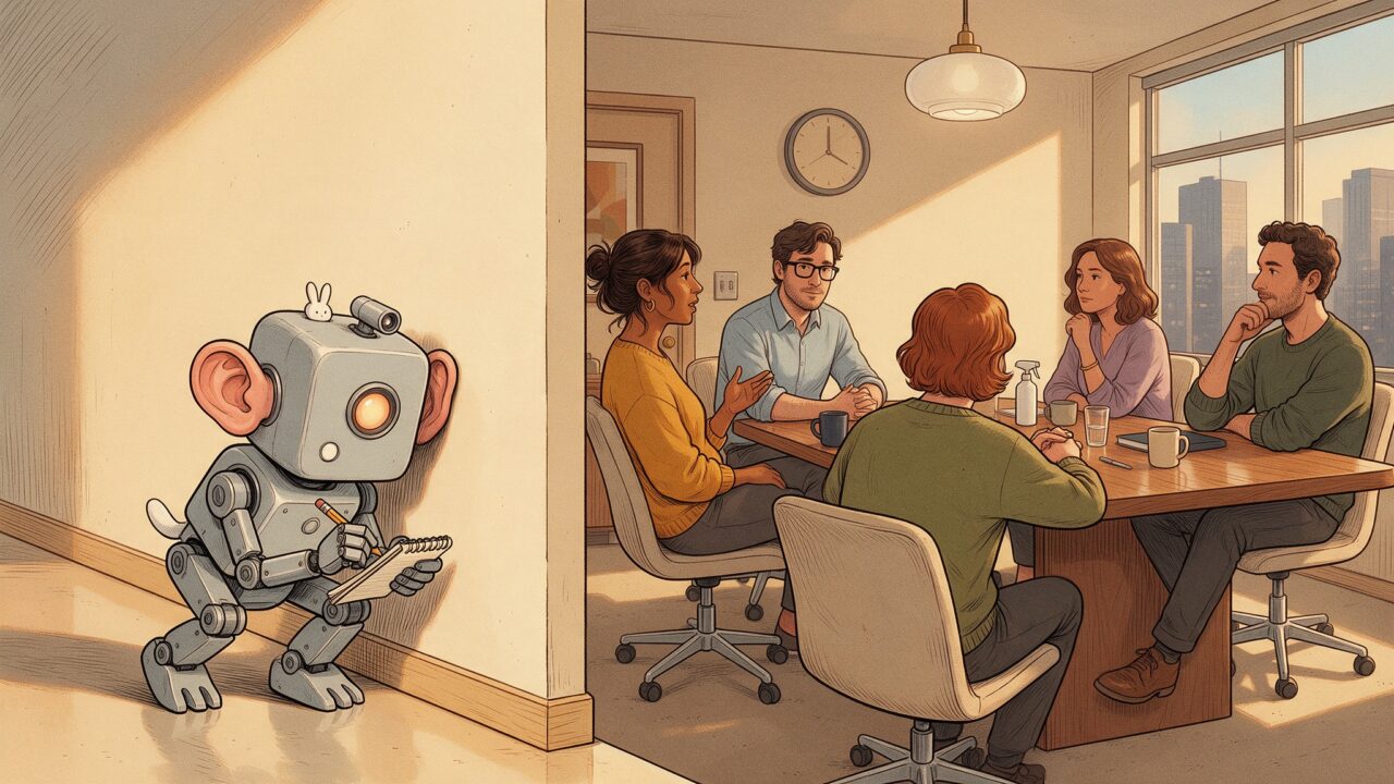 Ilustração cômica de uma reunião com cinco pessoas à mesa enquanto um robô, atrás da parede, escuta com a orelha encostada e anota em um bloco de papel