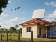 SpaceSail homologa antena e avança para disputar com a Starlink Ilustração de uma casa rural com antena plana retangular no telhado e um satélite no céu.