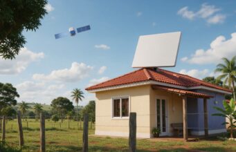 Ilustração de uma casa rural com antena plana retangular no telhado e um satélite no céu.