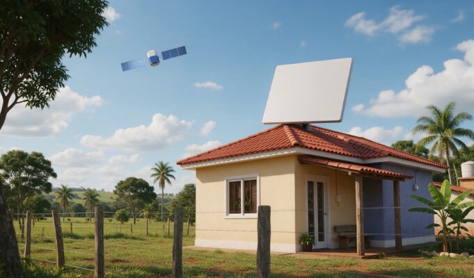 SpaceSail homologa antena e avança para disputar com a Starlink Ilustração de uma casa rural com antena plana retangular no telhado e um satélite no céu.