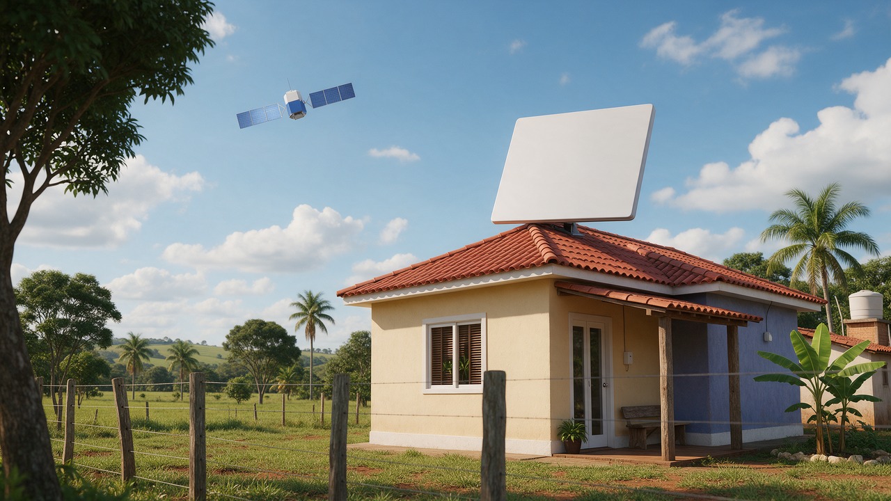 Ilustração de uma casa rural com antena plana retangular no telhado e um satélite no céu.