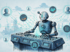 Ever Gauzy: a plataforma open source de gestão empresarial Ilustração vintage em tons frios mostra um robô em um console gerenciando uma rede de conexões que liga ícones de perfil de usuário, grupo, gráfico financeiro e checklist, com cidade ao fundo