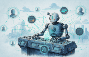 Ever Gauzy: a plataforma open source de gestão empresarial Ilustração vintage em tons frios mostra um robô em um console gerenciando uma rede de conexões que liga ícones de perfil de usuário, grupo, gráfico financeiro e checklist, com cidade ao fundo