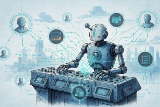 Ever Gauzy: a plataforma open source de gestão empresarial Ilustração vintage em tons frios mostra um robô em um console gerenciando uma rede de conexões que liga ícones de perfil de usuário, grupo, gráfico financeiro e checklist, com cidade ao fundo