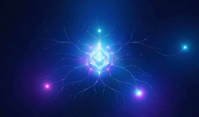 Decisions API: OpenAI entrega resposta tipada 10x mais rápida Ilustração abstrata de um núcleo luminoso com caminhos que se ramificam em nós de decisão