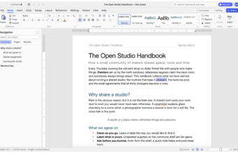 Clones do Word, Excel e PowerPoint: o Office da ArtCraft WordCraft aberto no documento de exemplo The Open Studio Handbook, com faixa de opções, galeria de estilos e painel de navegação