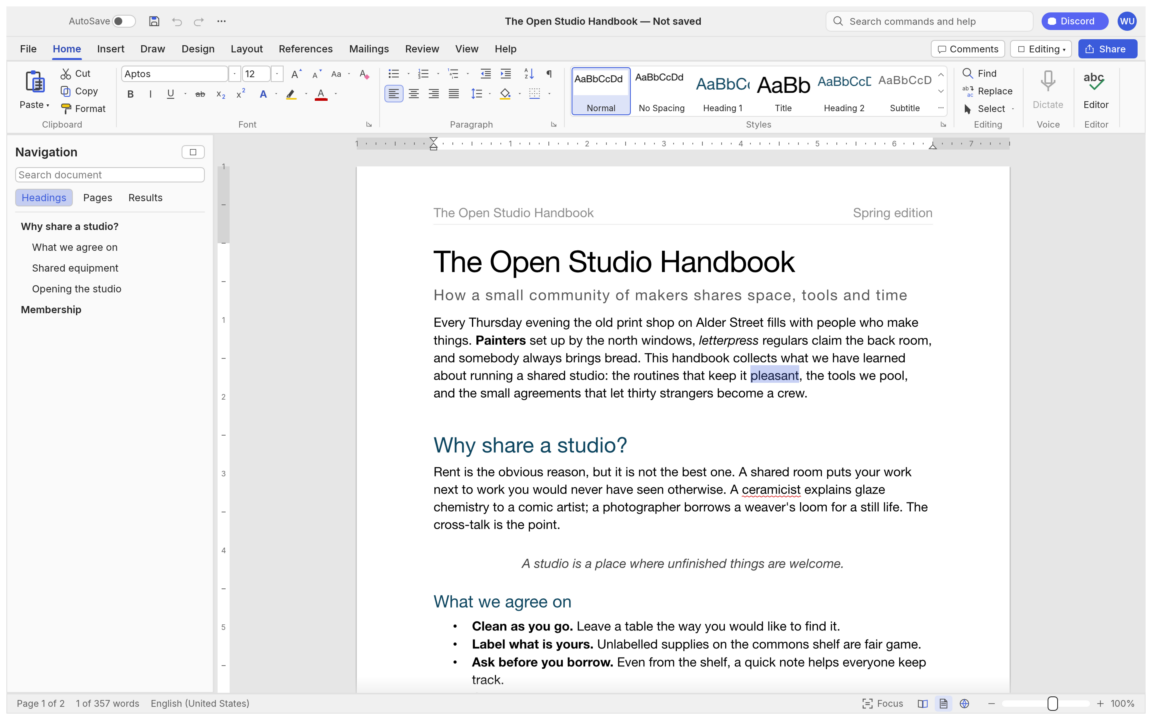 WordCraft aberto no documento de exemplo The Open Studio Handbook, com faixa de opções, galeria de estilos e painel de navegação