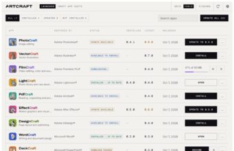 ArtCraft Launcher: o que é e como funciona o instalador Tela do ArtCraft Launcher em modo tabela, com a lista de apps do estúdio, status de instalação, versões e data de lançamento