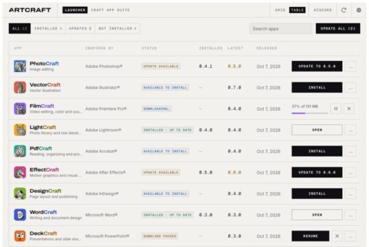 ArtCraft Launcher: o que é e como funciona o instalador Tela do ArtCraft Launcher em modo tabela, com a lista de apps do estúdio, status de instalação, versões e data de lançamento