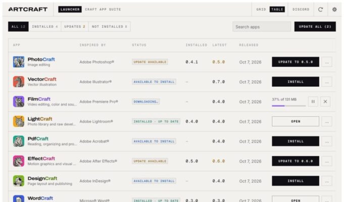 ArtCraft Launcher: o que é e como funciona o instalador Tela do ArtCraft Launcher em modo tabela, com a lista de apps do estúdio, status de instalação, versões e data de lançamento