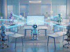 OpenBot: time de agentes local, sem serviço na nuvem Vários robôs assistentes, cada um de uma cor, conectados por linhas luminosas a um painel central em uma estação de trabalho