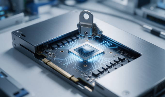 Gpu-unlock libera tensor cores capados da Nvidia para IA Placa de vídeo genérica com dissipador aberto e um feixe de luz saindo do chip, representando um limite de desempenho sendo liberado